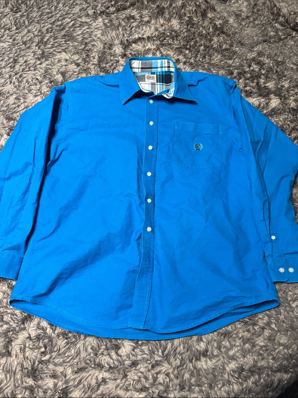Cinch Electric Blue Long-Sleeve Button-Down with Plaid Trim - Thick cotton